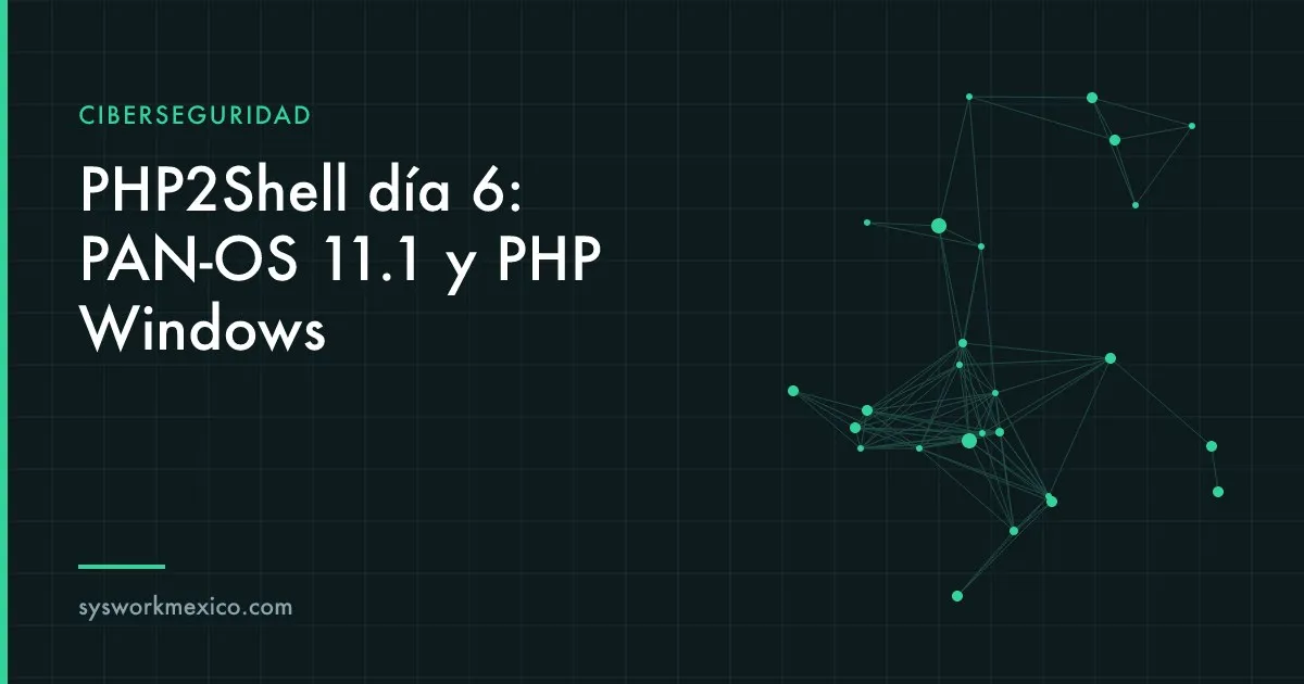 Técnico revisando en una laptop la versión de software de un firewall montado en rack, junto a un servidor Windows con una consola de PHP abierta