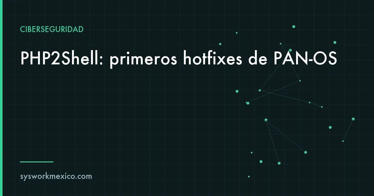 Firewall en un rack con una etiqueta de actualización aplicada junto a un archivo de configuración de PHP abierto en una laptop
