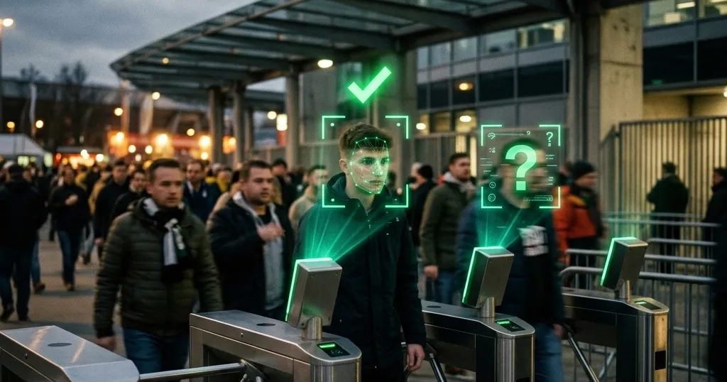 Acceso a un estadio con reconocimiento facial y biometría marcando rostros con retículas de luz