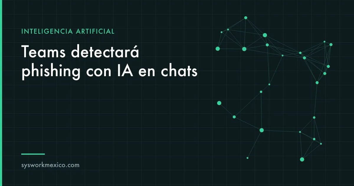 Pantalla de una laptop con un chat de Teams de un contacto externo y un aviso de advertencia de posible phishing, en un escritorio de oficina