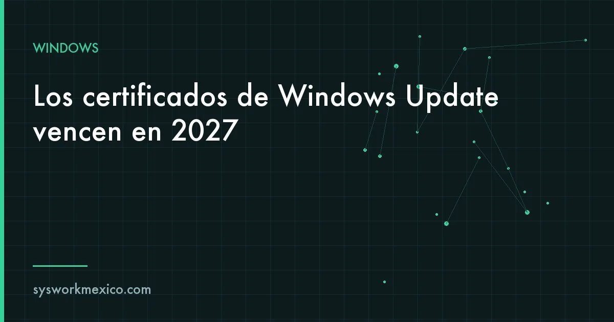 Pantalla de Windows Update con un candado y un calendario marcando mayo y junio de 2027