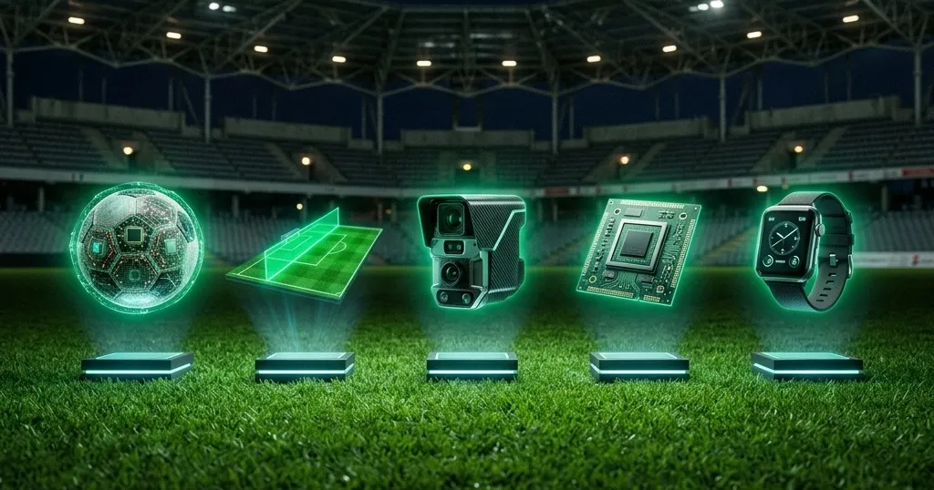 Colección de tecnologías del futbol moderno: balón conectado, línea semiautomática y sensores en cancha
