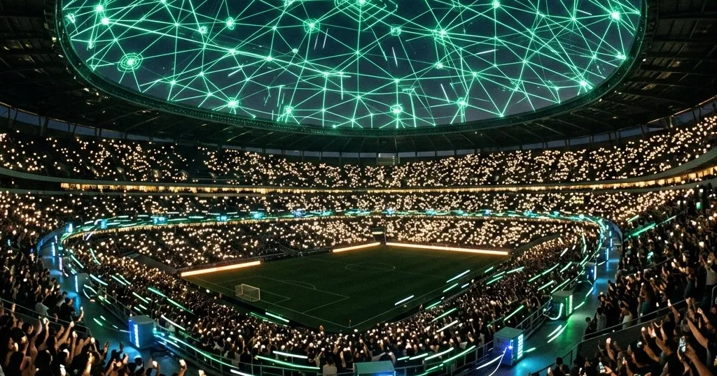 Estadio lleno conectado por antenas 5G y nodos de edge computing procesando datos en el lugar