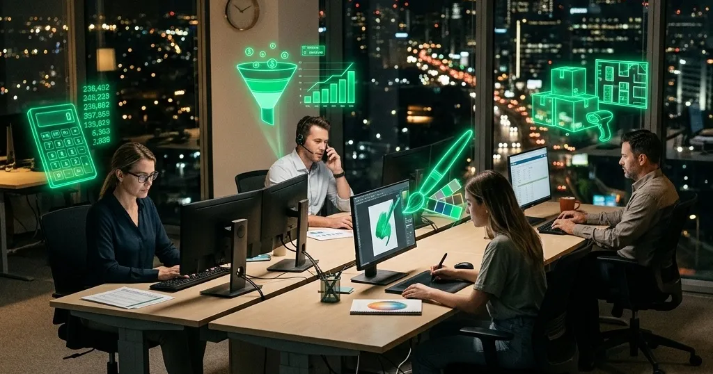 Empleados de distintas áreas trabajando cada uno con su asistente de IA personal holográfico