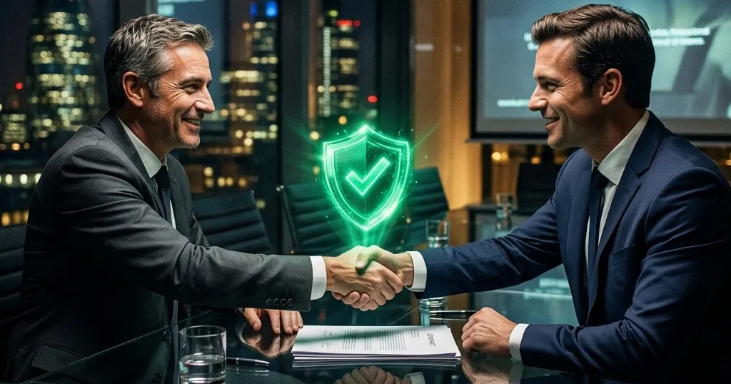 Apretón de manos de negocios cerrado gracias a un sello de empresa segura brillando sobre el contrato