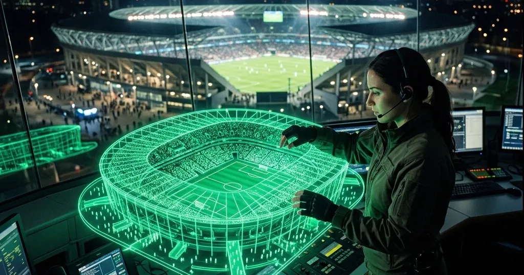 Gemelo digital holográfico de un estadio simulando multitudes y energía junto a su versión real
