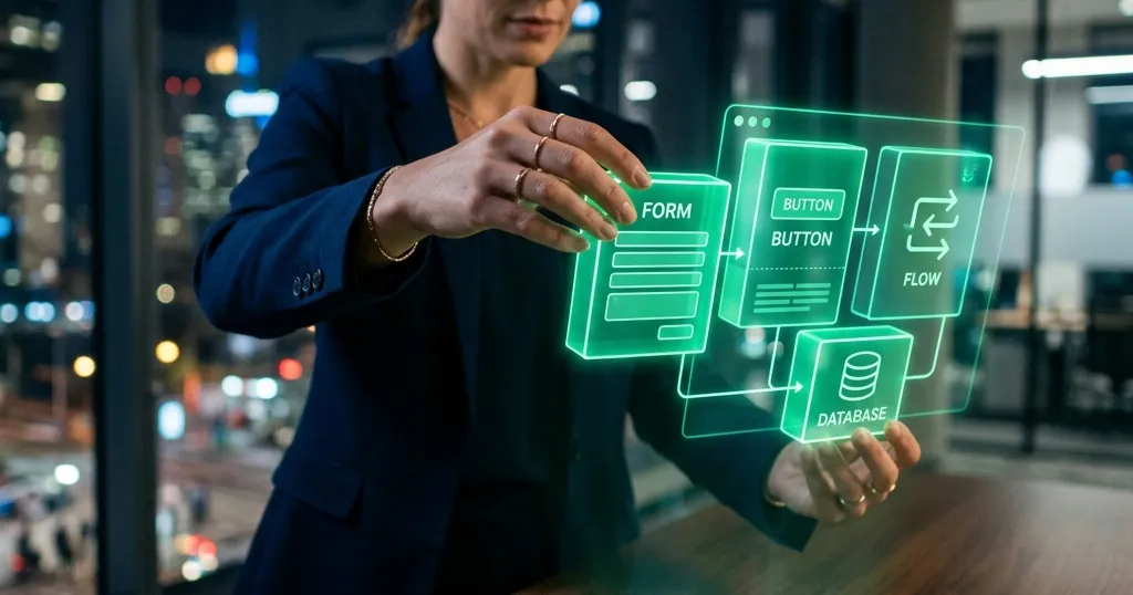 Persona construyendo una aplicación con bloques visuales sin escribir código