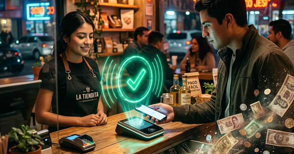 Cliente pagando sin efectivo con el teléfono en un negocio mexicano modernizado