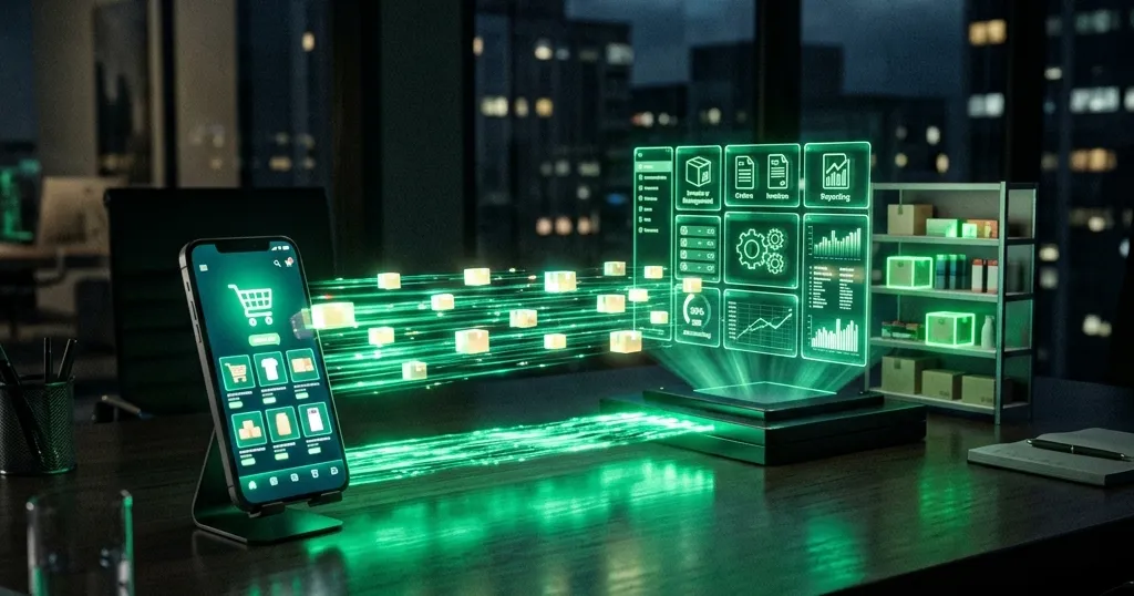 Puente de datos conectando una tienda en línea con el sistema ERP y el almacén de una empresa