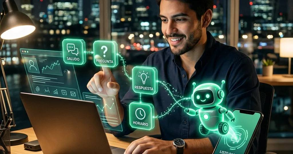 Emprendedor armando su primer chatbot con bloques visuales y conectándolo a su sitio y WhatsApp