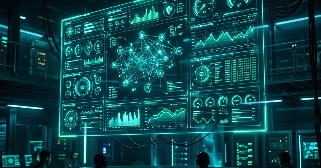 Ilustración de un panel de monitoreo de servidores con Grafana y Prometheus