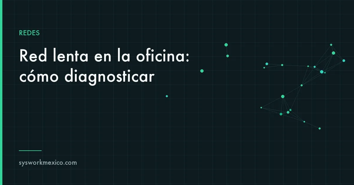 Técnico revisando el equipo de red y las mediciones de conectividad de una oficina