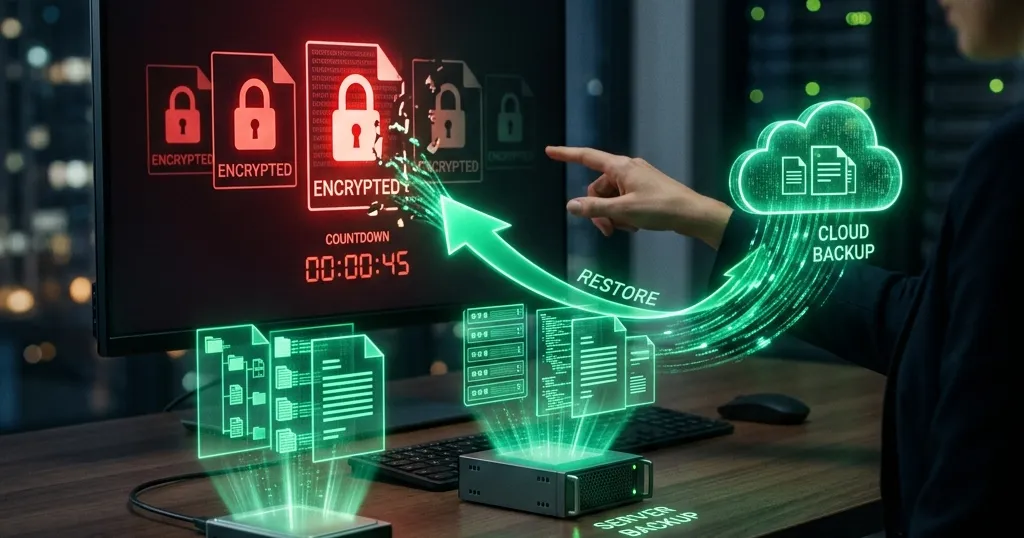 Estrategia de respaldo 3-2-1 restaurando una empresa intacta frente a un ataque de ransomware