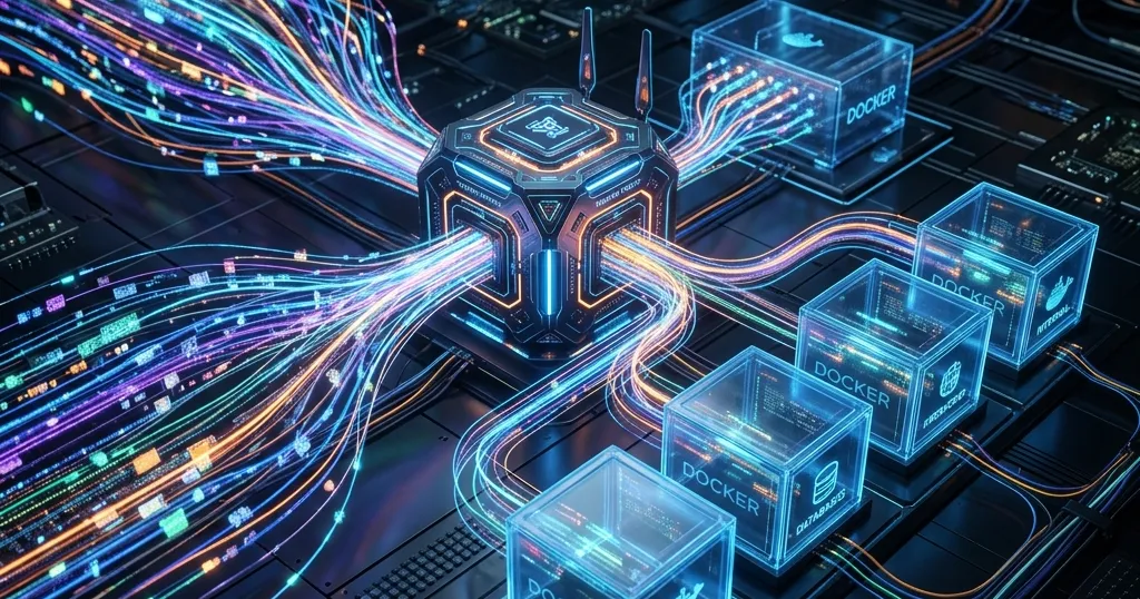 Ilustración de Traefik como reverse proxy enrutando tráfico a contenedores Docker