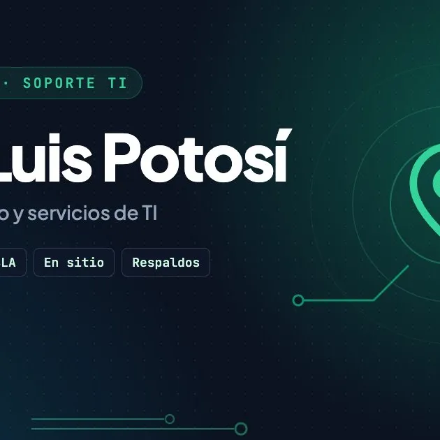 Ilustración de la guía para elegir soporte técnico y servicios de TI en San Luis Potosí, con pin de ubicación y trazos de circuito en verde esmeralda
