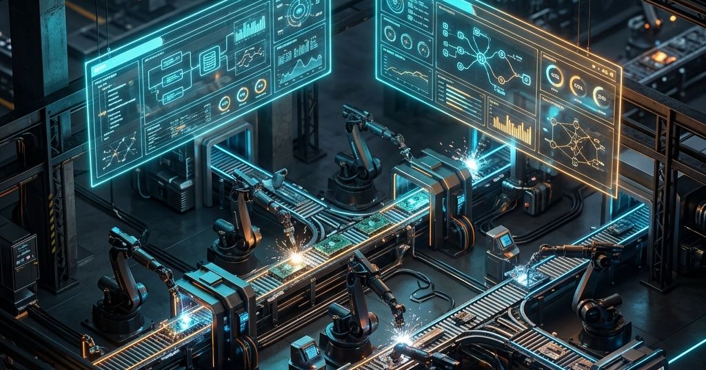 Ilustración de transformación digital con ERP y WMS en una planta de manufactura