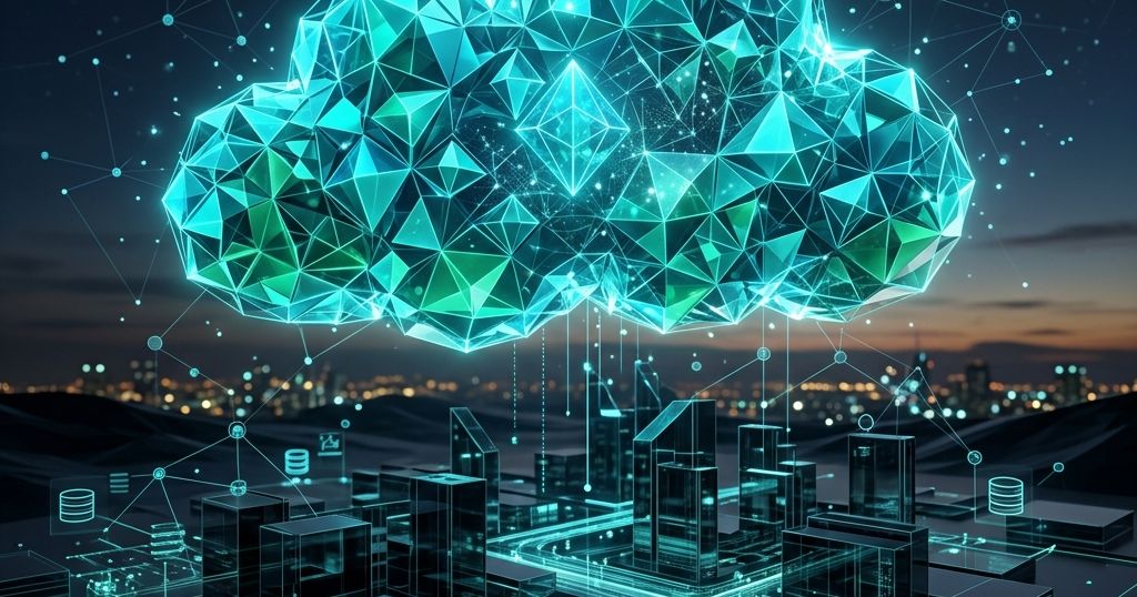 Ilustración de servicios cloud con AWS, Azure e infraestructura híbrida
