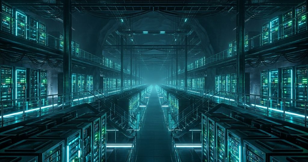 Ilustración de infraestructura IT empresarial con servidores y virtualización