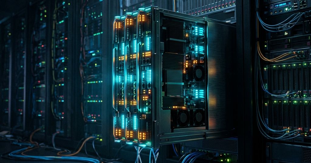 Ilustración de servidores empresariales con instalación, configuración y monitoreo
