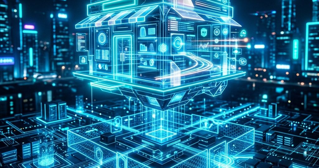 Ilustración de una plataforma de e-commerce con tienda en línea y catálogo B2B