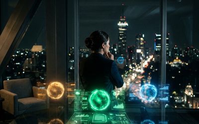 Empresaria evaluando tres asistentes de inteligencia artificial representados como hologramas