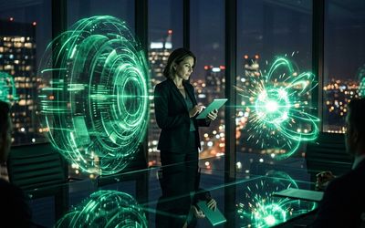 Dos modelos de inteligencia artificial enfrentados como orbes holográficos, uno imponente y otro compacto y luminoso, sobre una mesa de juntas