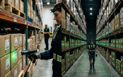 Etiqueta de código de barras frente a etiqueta RFID leyéndose a distancia en un almacén