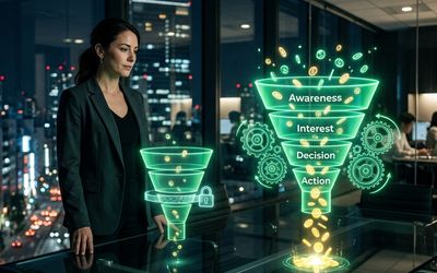 Embudo de ventas holográfico comparando un plan gratuito limitado con uno de paga completo