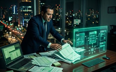Hojas de cálculo desordenadas transformándose en un sistema ERP unificado sobre un escritorio de oficina