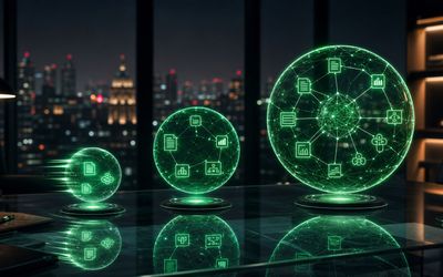 Tres niveles de inteligencia artificial representados como esferas de distinto tamaño y brillo alineadas sobre un escritorio nocturno