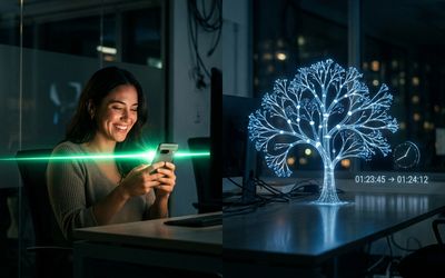 Dos flujos de inteligencia artificial contrastados: uno veloz y directo, otro profundo y ramificado, sobre un escritorio nocturno