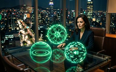 Tres modelos de inteligencia artificial representados como esferas de energía enfrentadas sobre una mesa de juntas de vidrio