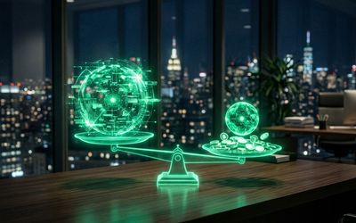 Dos modelos de inteligencia artificial representados como orbes de distinto tamaño sobre una balanza holográfica en una oficina nocturna