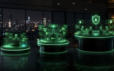 Tres planes de suscripción representados como niveles holográficos ascendentes sobre un escritorio corporativo nocturno