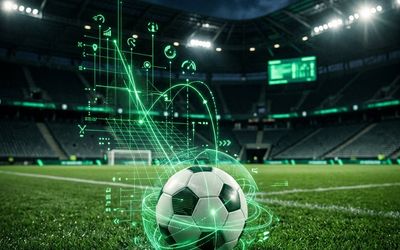 Balón de futbol conectado con datos holográficos sobre un estadio nocturno de alta tecnología