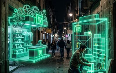 Dos escaparates digitales enfrentados representando Shopify y WooCommerce para vender en México