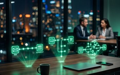 Tres flujos de automatización holográficos conectando aplicaciones de negocio sin código