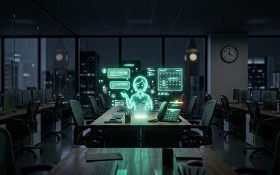 Agente de IA holográfico atendiendo conversaciones de clientes durante la noche en una oficina vacía