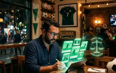 Dueño de negocio planeando una campaña de futbol en su tienda con elementos digitales y una balanza legal
