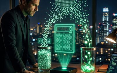 Calculadora holográfica midiendo el costo de tokens de inteligencia artificial sobre un escritorio de oficina nocturno