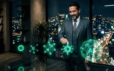 Empresario eligiendo entre varias herramientas de IA holográficas de distintos tamaños