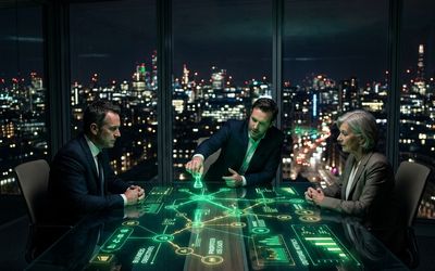 Directivos trazando una estrategia de IA sobre una mesa con mapa holográfico de objetivos