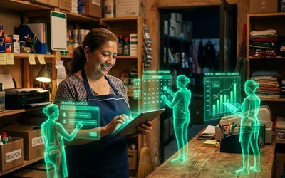 Dueña de una pequeña empresa automatizando su negocio con IA desde una tableta, sin equipo técnico