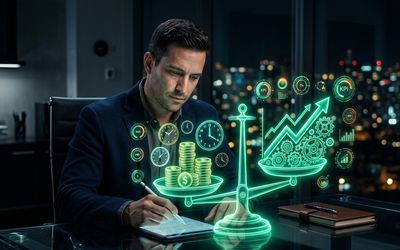 Balanza holográfica comparando el costo de la IA contra las ganancias medidas en una oficina