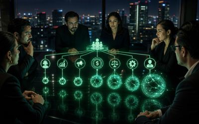 Organigrama holográfico de una empresa donde cada área se conecta con un modelo de inteligencia artificial distinto