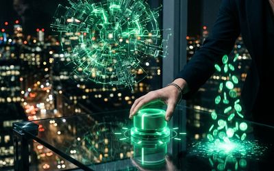 Perilla holográfica de niveles de esfuerzo controlando la intensidad de un modelo de inteligencia artificial en una oficina nocturna