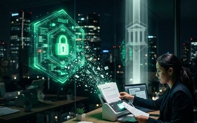Expedientes de clientes protegidos por una bóveda de luz que representa la ley mexicana de datos personales