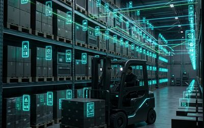 Ilustración conceptual de la tecnología RFID transformando un almacén