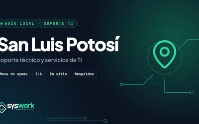 Ilustración de la guía para elegir soporte técnico y servicios de TI en San Luis Potosí, con pin de ubicación y trazos de circuito en verde esmeralda