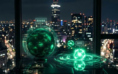 Dos orbes de inteligencia artificial enfrentados, uno más grande y otro más brillante y compacto, sobre un escritorio corporativo nocturno